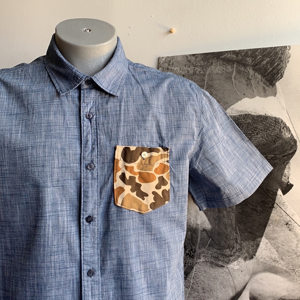 Blue Cotton Button Down with Camo Pocket L .